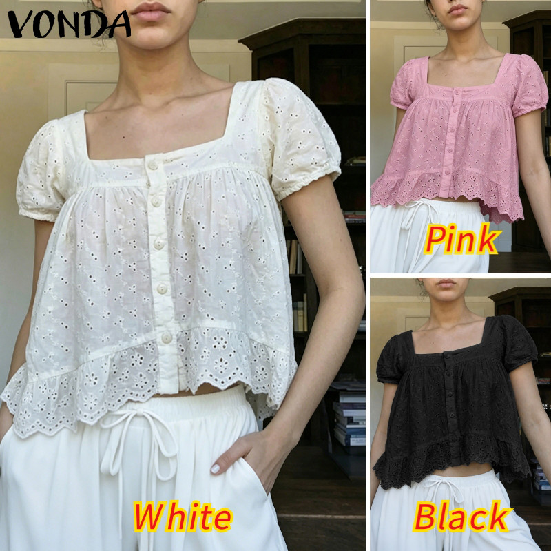 VONDA ผู้หญิงเกาหลีหวานรีสอร์ทสไตล์สแควร์คอพัฟแขน Single-Breasted Hollow Lace Ruffles Hem เสื้อ — صورة 3