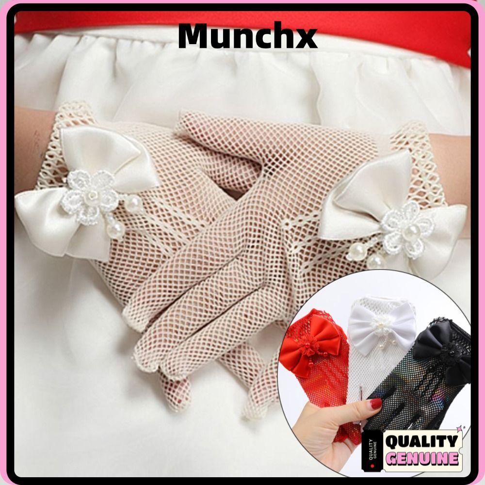 ถุงมือตาข่ายลูกไม้ MUNCHX, โบว์โบว์ถุงมือแต่งงานเด็กสั้น, ถุงมือชุดมารยาทบางสร้างสรรค์ปาร์ตี้วันเกิดเจ้าหญิงวันหยุด