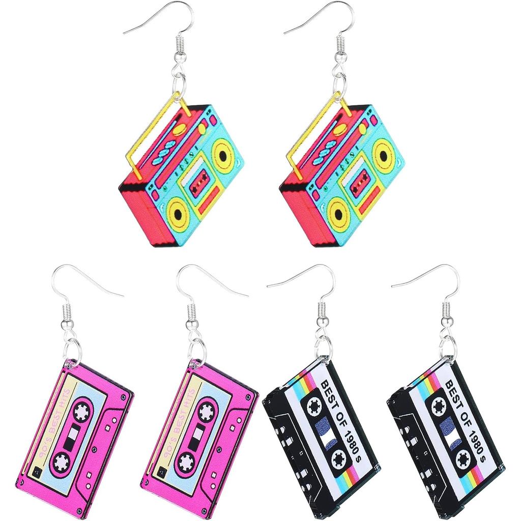 80s 90s Retro Cassette เทปต่างหู, 3 คู่ Vintage Cassette เทปต่างหูนีออนสําหรับผู้หญิง Retro เรขาคณิต