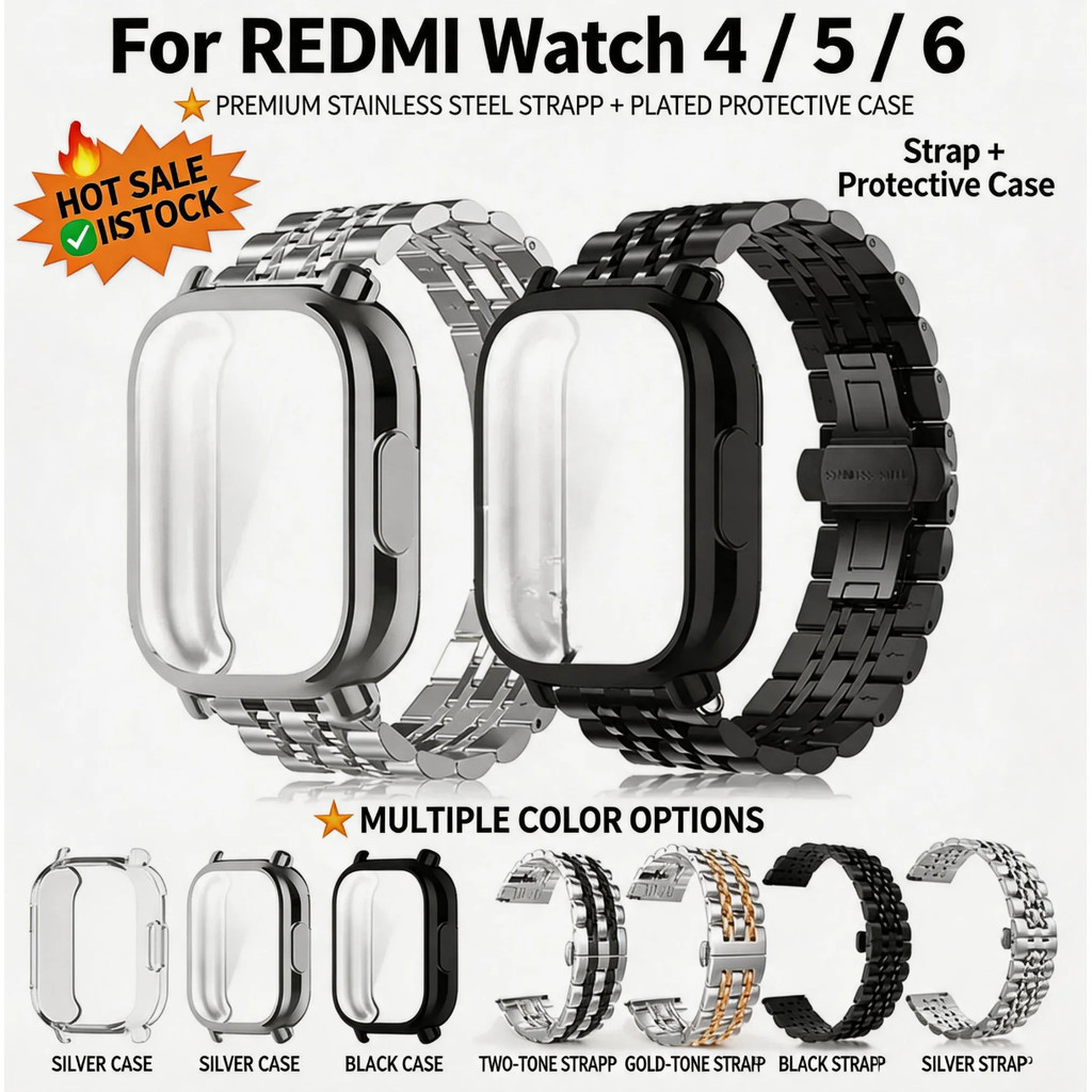 for Redmi Watch 6 5 4 5 Active/5 Lite เล็กน้อย สายโลหะเจ็ดเหล็กพร้อม ทีพียู เต็มกรณีธุรกิจสไตล์ลําลองสายรัดข้อมือ