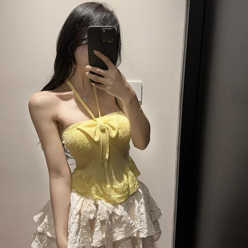 W11042-Yellow Lace Halterneck Camisole ผู้หญิงสวมใส่ด้านนอกฤดูร้อน Hot Girl One-Shoulder All-Match ด