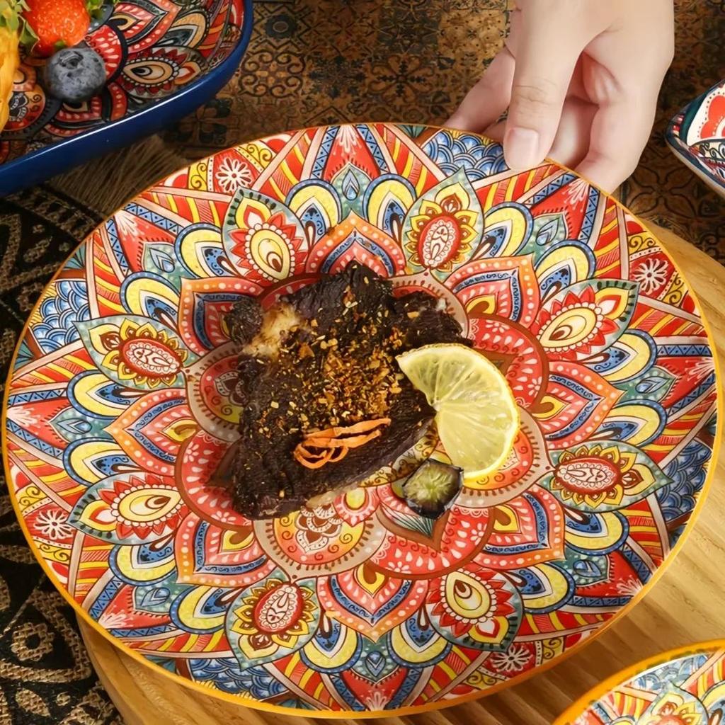 Bohemian-style round ceramic plate Creative shallow plate High-end exquisite steak plate 10-inch pas