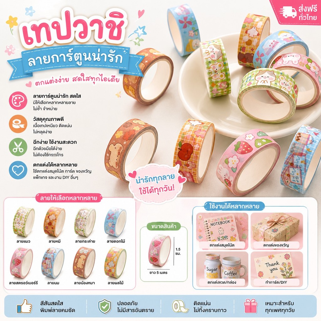 GTRmallshop (ZJD03)(ร้านไทย) เทปวาชิ ลายการ์ตูนน่ารัก