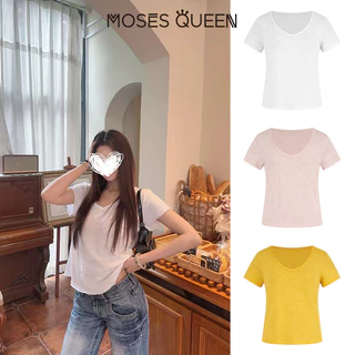 MOSESQUEEN เสื้อยืดระบายอากาศคอวีรีดขอบขี้เกียจและสะดวกสบายสําหรับผู้หญิง - เสื้อเชิ้ตแขนสั้นสีบริสุทธิ์กระชับสัดส่วน #63901