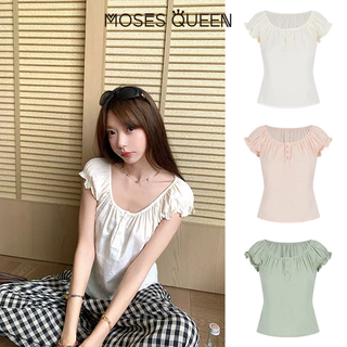 MOSESQUEEN เสื้อยืดแขนสั้นคอยูผ้าฝ้ายแท้พร้อมสายรัดดีไซน์สําหรับเอฟเฟกต์สลิมมิ่งและแขนพัฟ #63929