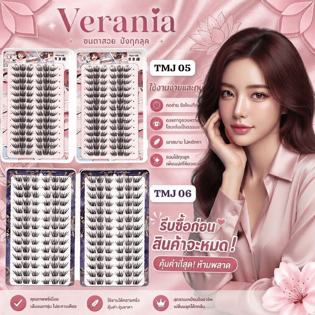 VERANIA ติดตั้งง่าย ไม่ต้องใช้กาว ขนตาปลอมติดเอง ไม่ต้องใช้กาว ขนตาช่อเล็ก ธรรมชาติ เบาสบาย เหมือนต่อขนตา ใช้ง่าย