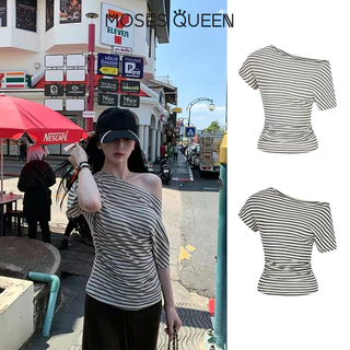 MOSESQUEEN ตะไคร่น้ํา เสื้อยืดแขนสั้นลายทางหลากสีไหล่เฉียงฤดูร้อนผ่อนคลายจีบเข้ารูปเอวกระชับสัดส่วนและเปิดไหล่ด้านบนสําหรับผู้หญิง #63896
