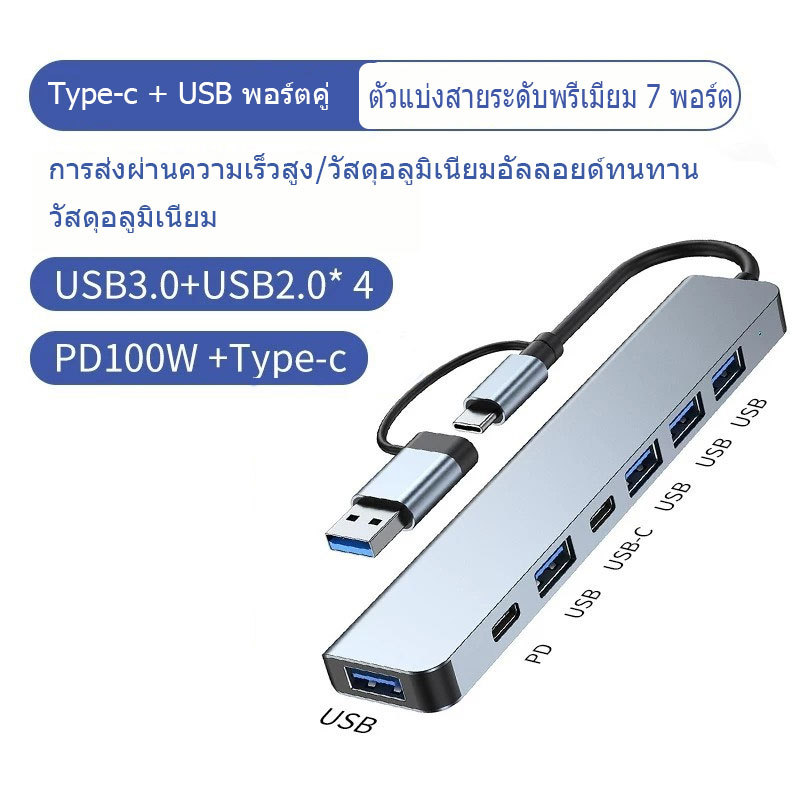 ฮับ USB 7-in-2 แบบ USB A+C พอร์ตหลายช่อง USB3.0 สําหรับ PC แล็ปท็อป แมคบุ๊ค ขยาย