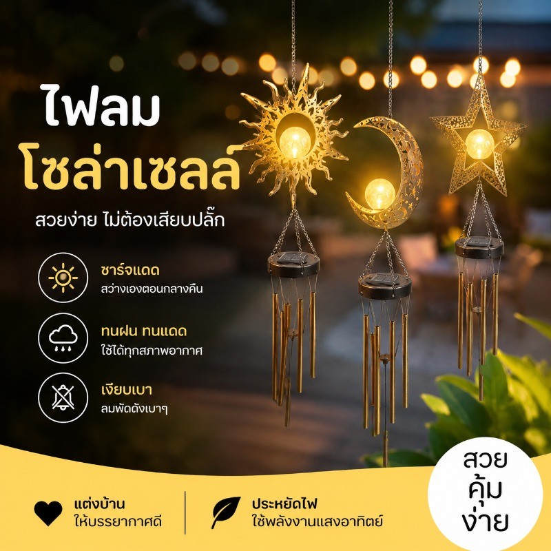 กระดิ่งลม โซล่าเซลล์ ทนฝน โมบายฮวงจุ้ย เรียกทรัพย์ กันน้ำ การตกแต่งสวน ของตกแต่งบ้าน