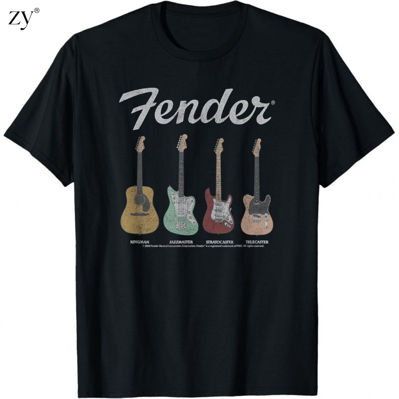 ZY 2026 เสื้อยืดผู้ชายโอเวอร์ไซส์ ลายกีตาร์ Fender Retro สีดำขาว ผ้าผสมหนา สไตล์ร็อก ส่งไทย