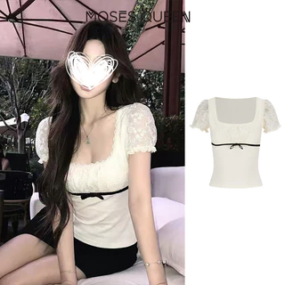 MOSESQUEEN ความเมตตา สไตล์เกาหลีแขนฟองลูกไม้ติดตั้งแขนสั้นเสื้อยืดผู้หญิงฤดูร้อนร่างกายรูปร่างผอมอายุลดร้อยสไตล์แฟชั่นเสื้อ #63930