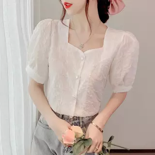 beige เสื้อเชิ้ต ผู้หญิง คอกลม แขนพัฟ สไตล์เกาหลี ลุคคุณหนู แฟชั่น ฤดูร้อน เสื้อครอป สลิม ใส่แล้วดูผอม
