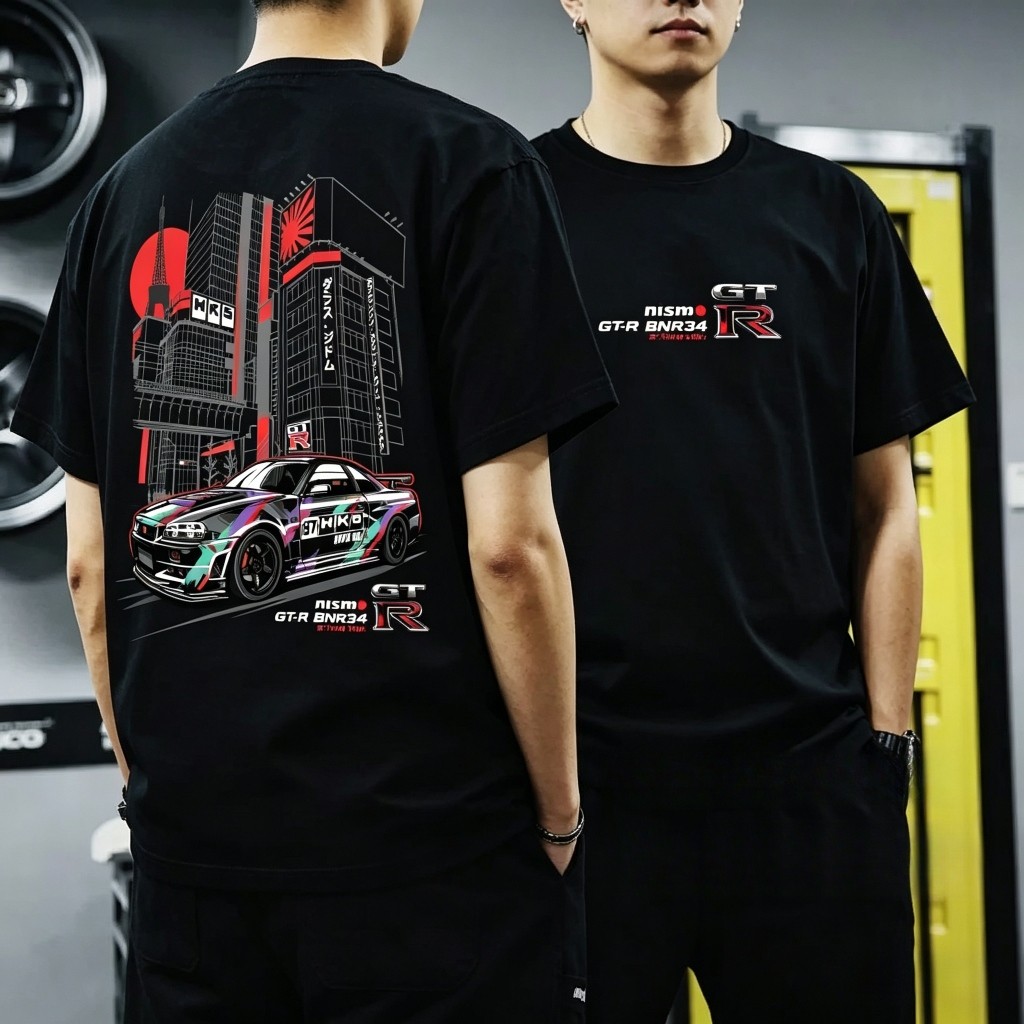 เสื้อยืดลาย Nissan GTR BNR34 Nismo ผ้าคอตตอน100% ชายหญิงใส่ได้ สไตล์JDM ฤดูร้อน พิมพ์คมชัด ใส่สบาย S