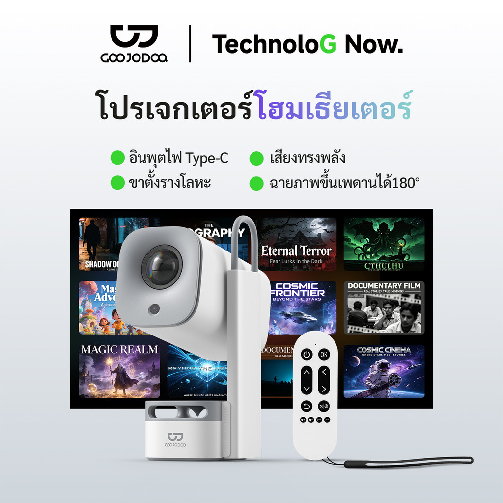 GOOJODOQ โปรเจคเตอร์โฮม 170 ลูเมน ANSI 180° ขาตั้งหมุนได้ ฐานลําโพง 5W ในตัว แหล่งจ่ายไฟ Type-C