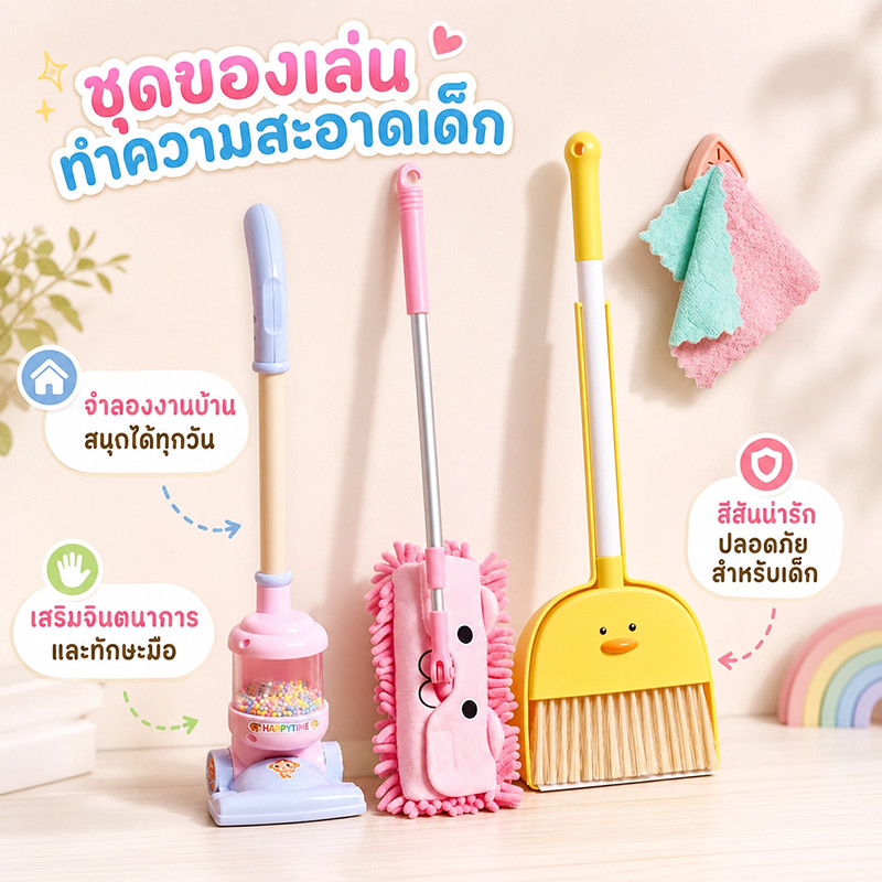 BHQ ของเล่นทำความสะอาดแกล้งเด็ก ไม้กวาดเด็ก เครื่องดูดฝุ่นจำลอง ด้วยแสง