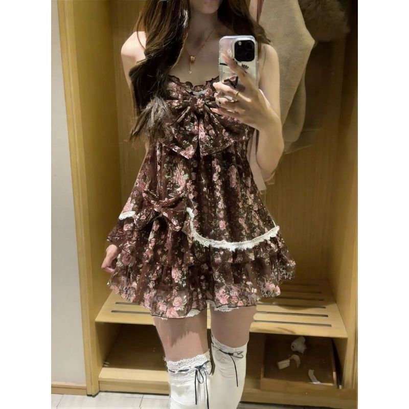 Now H Retro Floral vintage Nana Style Floral Short Skirt Bowknot Ruffled Small Dress