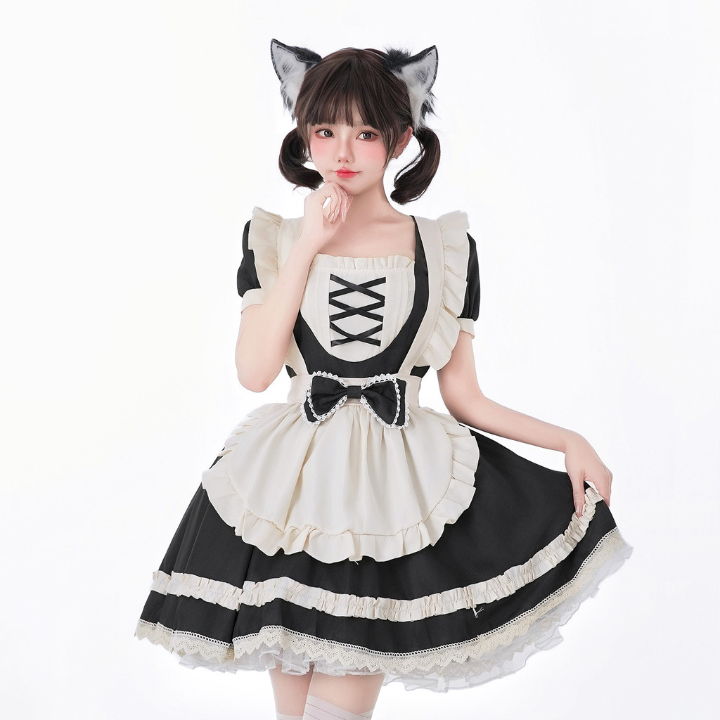 Soft Girl Sweet op Short Maid Dress Dress Two-Dimensional Cute lolita Black White ชุดคอสเพลย์
