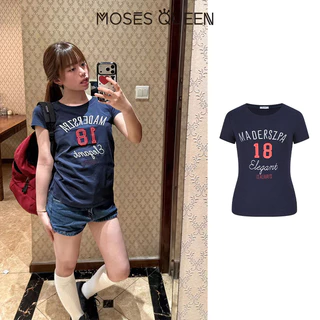 MOSESQUEEN มอสเช่ เสื้อยืดแขนสั้นพิมพ์ลายสไตล์อเมริกันสําหรับผู้หญิงฤดูร้อนเข้ารูปและสลิมมิ่งเสื้อคอกลม #63767
