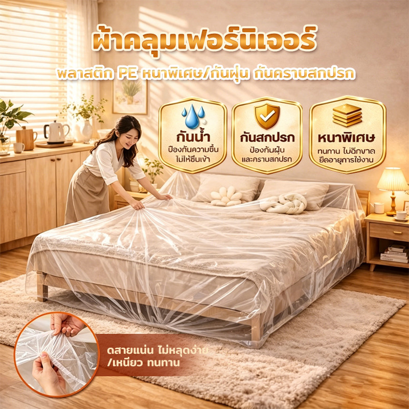 【กันน้ำ กันสกปรก】PPH ผ้าคลุมกันฝุ่นแบบรูดสายขนาดใหญ่และหนา ถุงพลาสติกใสคลุมเตียง ผ้าคลุมเฟอร์นิเจอร์