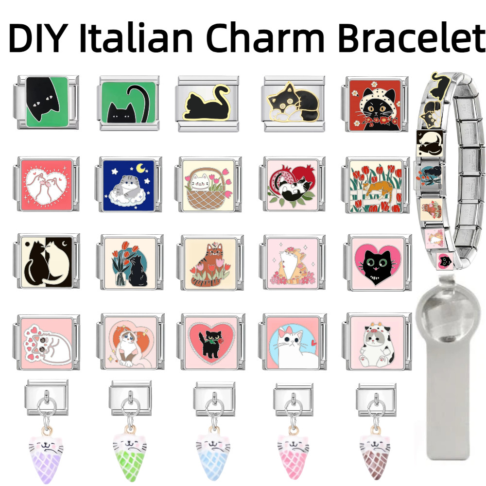 CAT สไตล์อิตาเลี่ยน charm สร้อยข้อมือ Link fit สร้อยข้อมือสแตนเลส 9 มม. DIY เครื่องประดับทํา