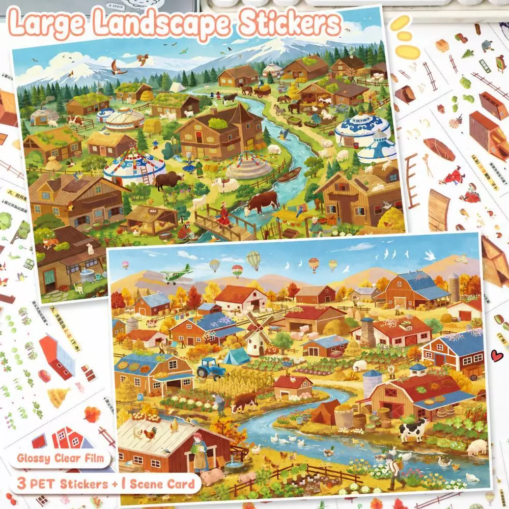 WEI 5 ชิ้น [Grassland Farm Series] สติ๊กเกอร์ภูมิทัศน์ทุ่งหญ้ามองโกเลีย Harvest Ranch ขนาดใหญ่วัวแกะ Journal เครื่องเขียนตกแต่ง