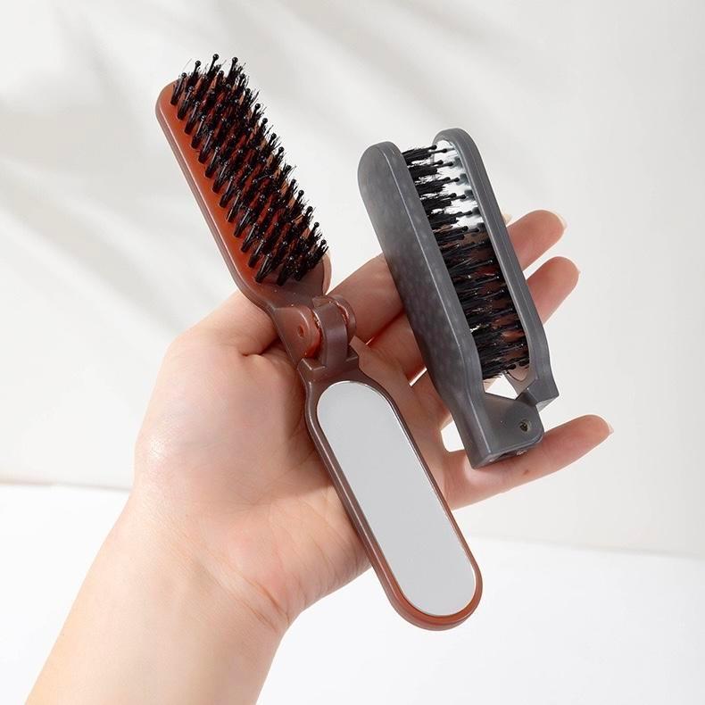 Folding Brush with Mirror หวีแปรงพับได้ มาพร้อมกระจกในตัว ขนาดเล็ก ใช้งานสะดวก แปรงผมขนแมงกา