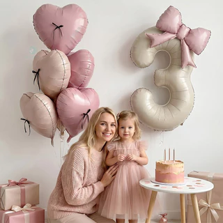 GeeParty ลูกโป่งฟอยล์ตัวเลข สีครีม พร้อมโบว์ ลูกโป่งหัวใจเรโทร 16 ชิ้น ตกแต่งวันเกิด ชุดปาร์ตี้วันเกิด ถ่ายรูปสวย