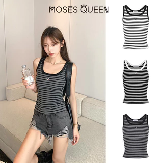 MOSESQUEEN เสื้อคล้องคอปักลายแมทช์สีใหม่ที่ทันสมัยและลําลองอเนกประสงค์สําหรับทั้งเสื้อนอกและชุดด้านใน ไม่มีแขน ทรงสั้น #63783-2