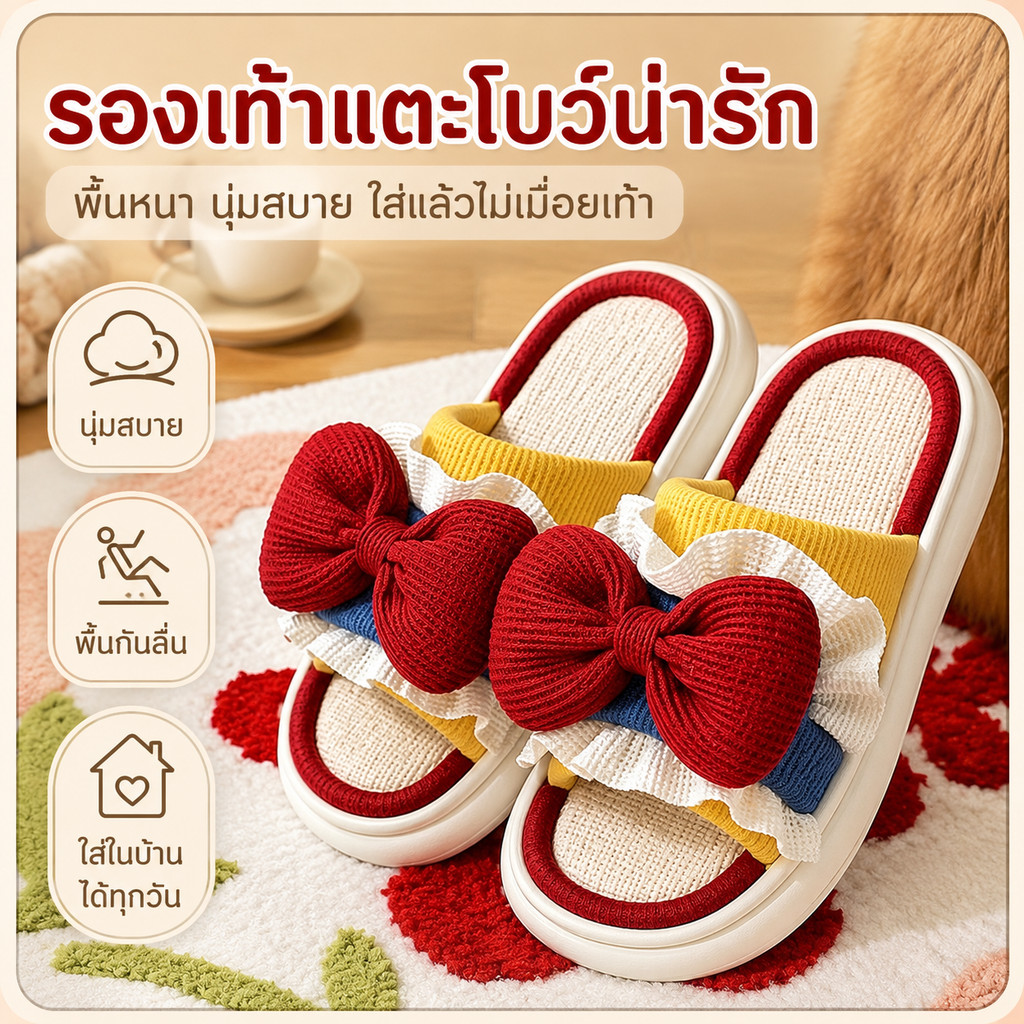 รองเท้าแตะผู้หญิงแต่งโบว์ สไตล์เจ้าหญิง พื้นหนา กันลื่น ใส่สบาย สำหรับใส่ในบ้าน หอพัก และเดินนอกบ้าน