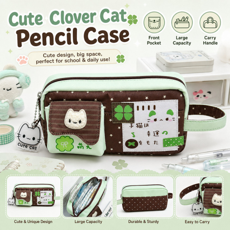 [คลังสินค้าพร้อมจัดส่งที่รวดเร็ว] Lucky Four-leaf Clover กล่องดินสอลูกแมว Niche Non-Collision กระเป๋าเครื่องเขียนนักเรียนน่ารักมูลค่าสูงกล่องดินสอความจุขนาดใหญ่