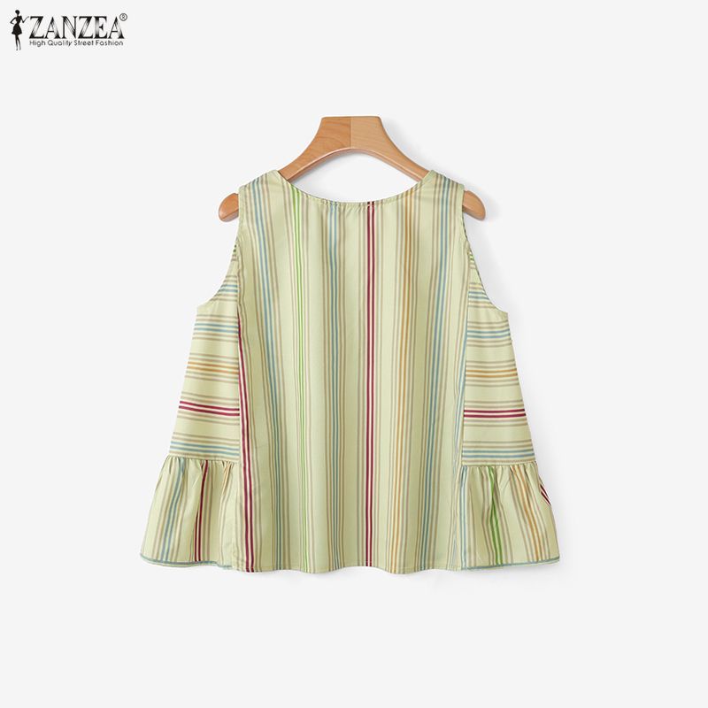 ZANZEA ผู้หญิงเกาหลีวันหยุดลําลองรอบคอแขนกุด Ruffles Pleats ลายพิมพ์ฤดูร้อน A-Line Tanks — صورة 8