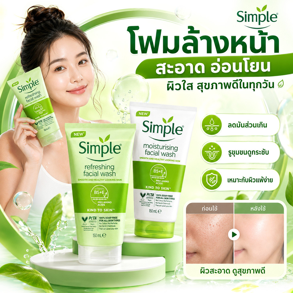 Simple Facial Wash 150ml โฟมล้างหน้าอ่อนโยน ผิวแพ้ง่าย ลดสิว คุมมัน ผิวชุ่มชื้น