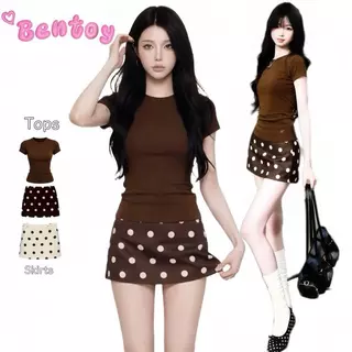 Bentoy-5130 ชุดเสื้อและกระโปรงลายจุดสีน้ำตาล ดีไซน์เรียบหรู ชุดสีน้ำตาล กระโปรงลายจุดบนพื้นสีน้ำตาล