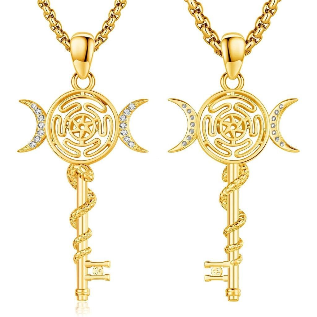Hekate Key สร้อยคอสามเดือนเทพธิดา Pentagram ล้อ Key Pendant925Pure Silver Witchcraft Pagan Magic Wit