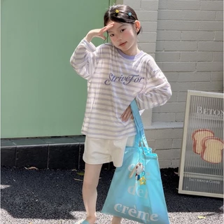PRETTY BABY เสื้อแขนยาวเด็ก เสื้อยืดตอกลม ทรงโอเวอร์ไซส์ ลายขวาง (2337)