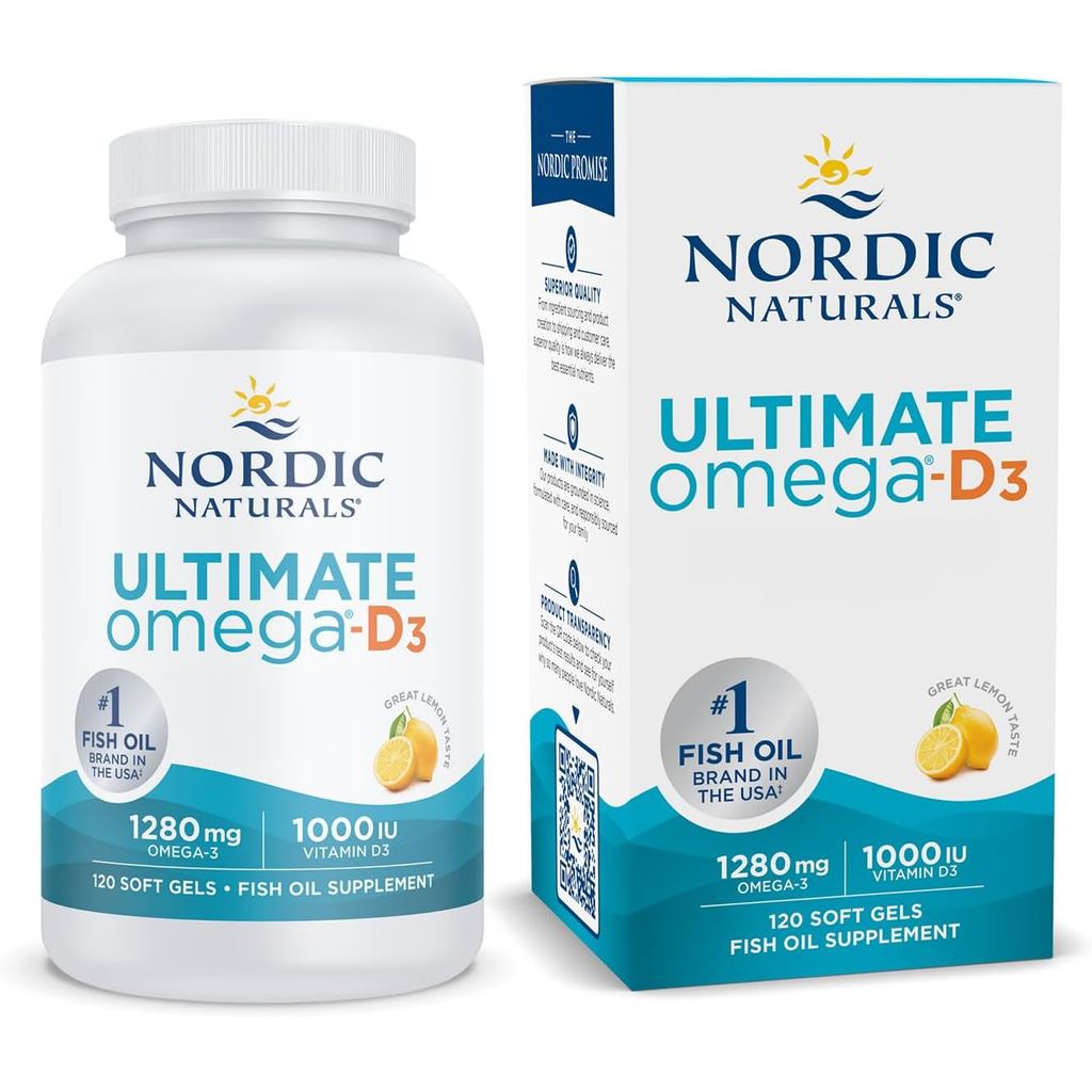 Nordic Natural Ultimate Omega D3 1280mg Omega 3 ประกอบด้วยวิตามิน D3 รสมะนาว 120 แคปซูลนุ่ม 60 ครั้ง