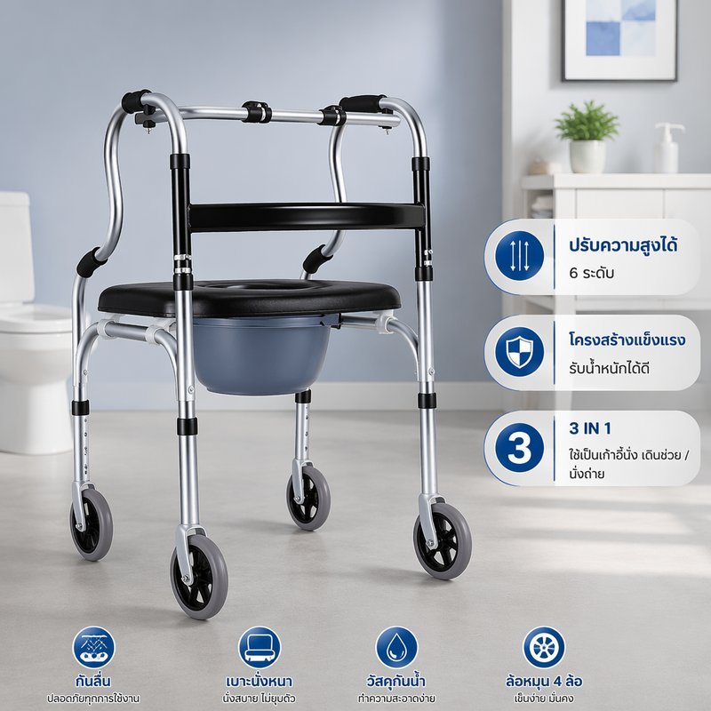 3 In 1 Walker Commode เก้าอี้ปรับความสูงได้พับได้ไม่ลื่นจับที่นั่งนุ่ม Heavy Duty