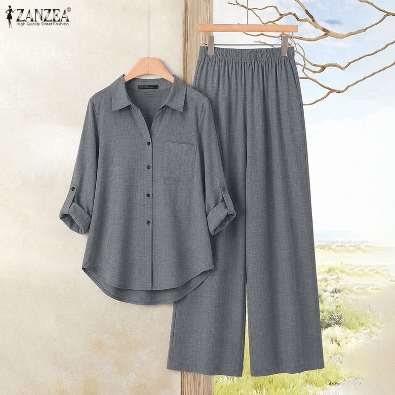 ZANZEA ผู้หญิงเกาหลี Commute Casual Lapel Roll Up แขนปุ่มกว้างเสื้อและกางเกงชุดสองชิ้น — صورة 5
