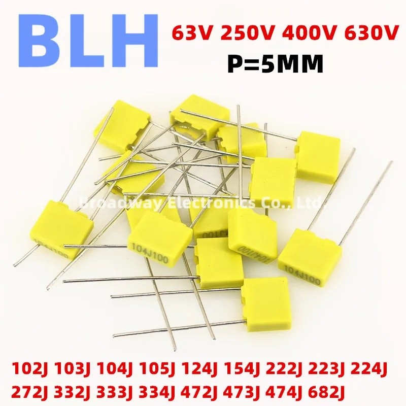 20PCS 5MM Correction capacitor Polypropylene ความปลอดภัยฟิล์มพลาสติก P5 63V 250V 400V 630V 102J 1NF 