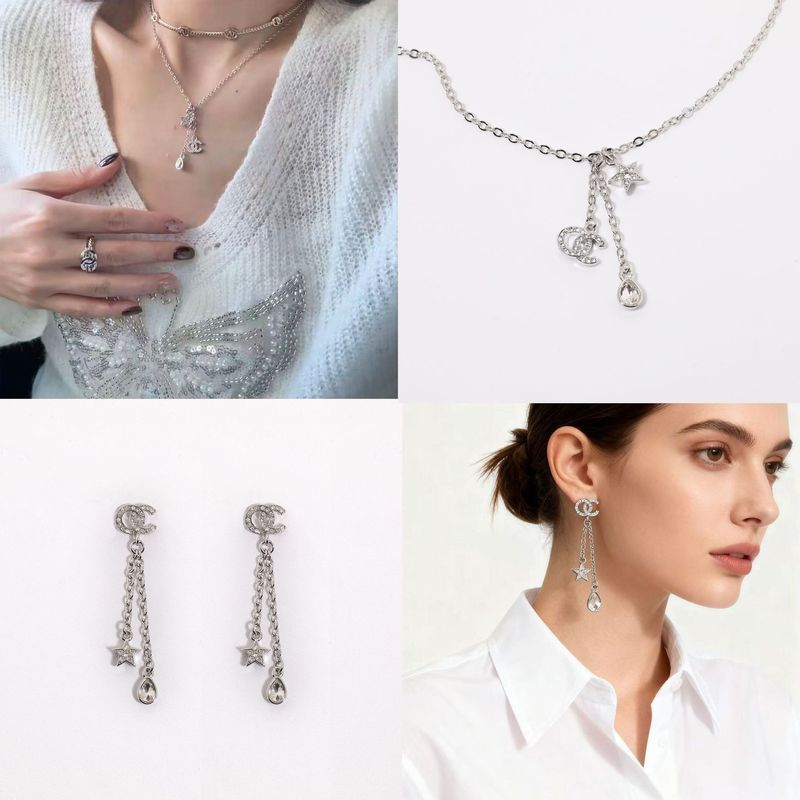 Xiaoxiang 26C Three-in-One Star Silver Double C Rhinestone พู่จี้สร้อยคอต่างหูคอลเลกชัน/H8.2