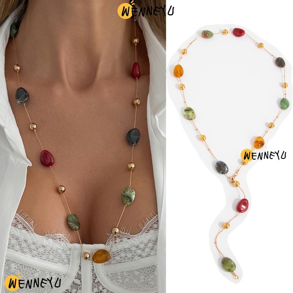 WanNEYU Boho ชั้นสร้อยคอ,หลายสียาวเรซิ่นลูกปัดสร้อยคอ,แฟชั่นรอบลูกปัดGradient Hue CCBลูกปัดGradient 