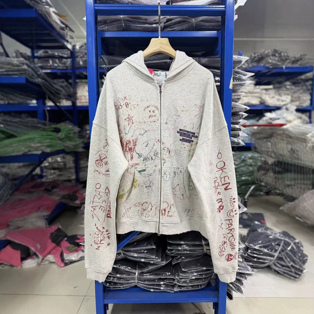E.RD Washed Distressed Zipper Hooded Sweatshirt
