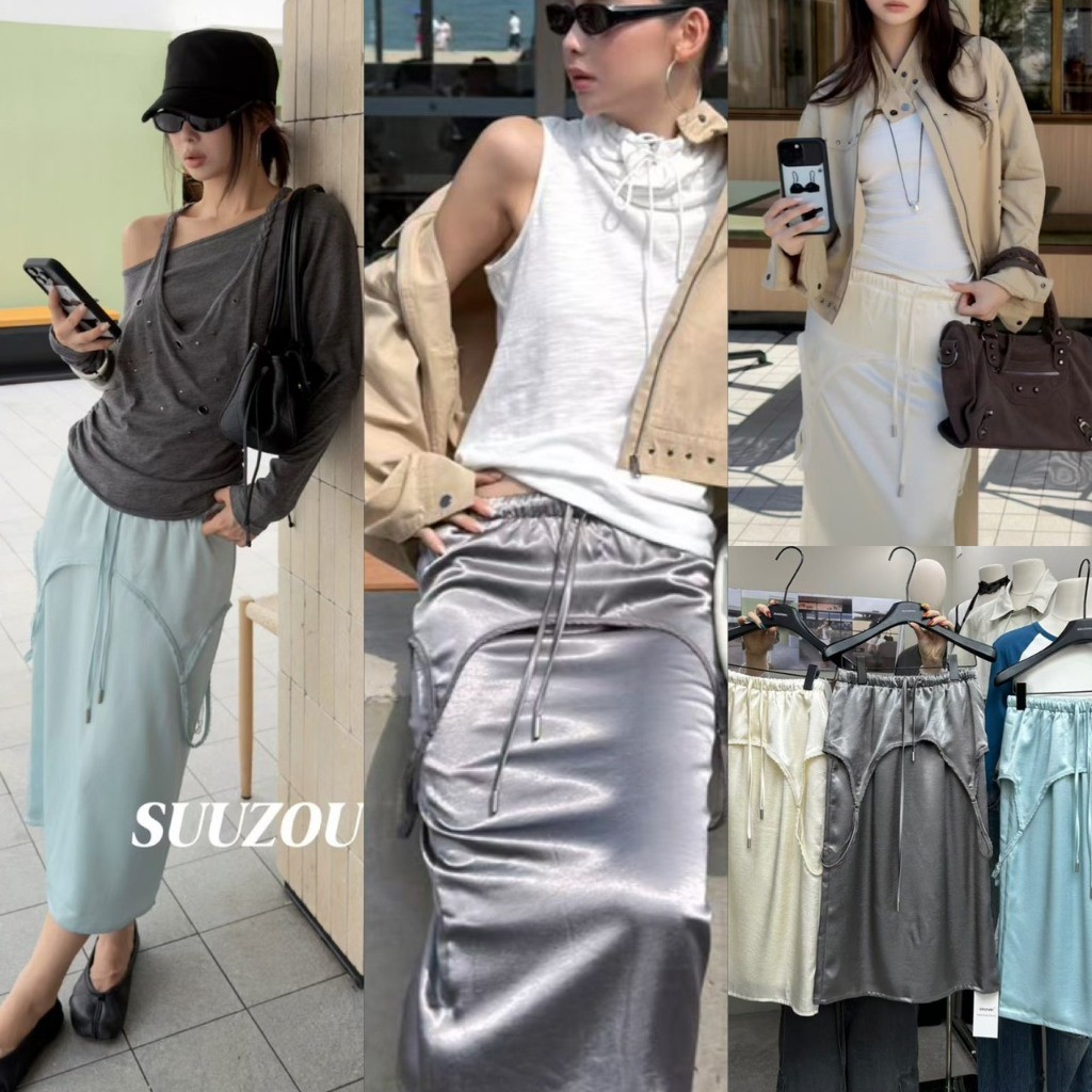 SU253 Satin Midi Skirt กระโปรงยาวผ้าซาตินเนื้อนุ่มพริ้ว ทรงสวยพรางหุ่น แฟชั่นเกาหลี TAG MM Fish