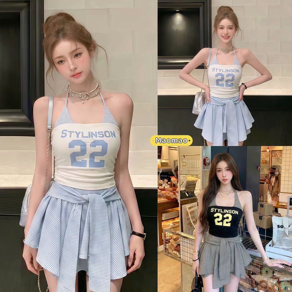 Maomao💜พร้อมส่ง เสื้อสายเดี่ยว ผูกคอสายรัดคอ ลายตารางตัดต่อ สติกเกอร์ตัวเลข -FY3068