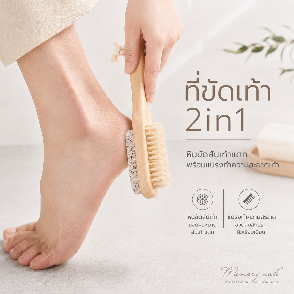 แปรงขัดเท้า + หินภูเขาไฟ (ด้ามไม้) ที่ขัดส้นเท้าแตก 2in1 ขจัดหนังแข็ง ผิวด้าน ให้เรียบเนียน สบายเหมือนทำสปาเท้า