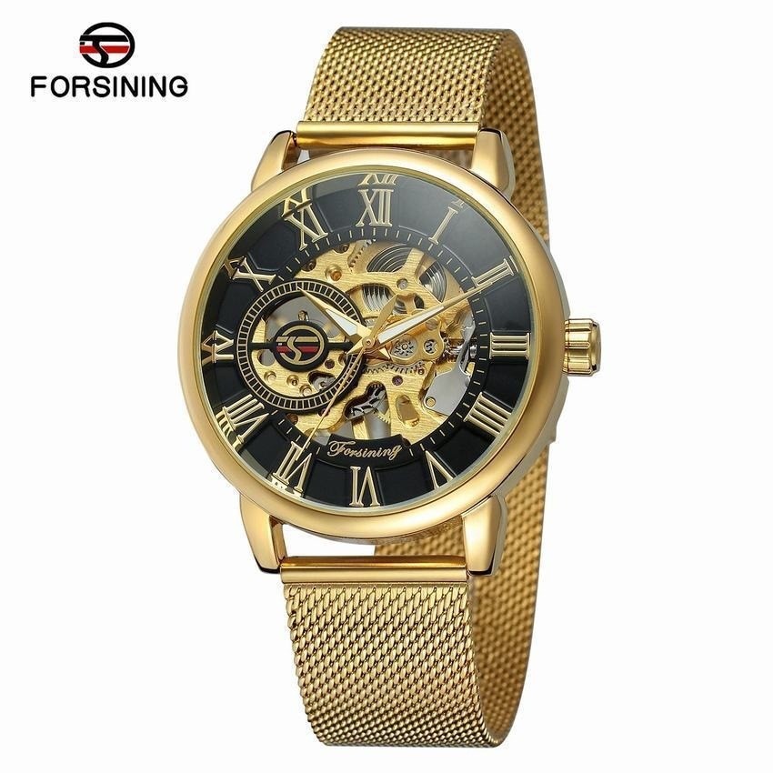 FORSINING/FORSINING Skeleton Mens Mechanical Watch นาฬิกาผู้ชายนาฬิกาผู้ชายตาข่ายเข็มขัดการเคลื่อนไห