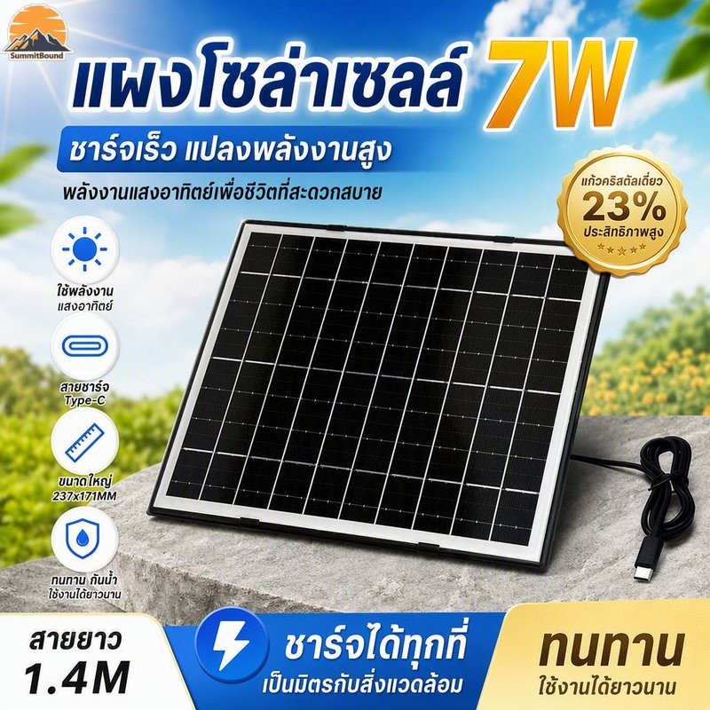COD แผงโซล่าเซลล์ 7W  สายชาร์จType-C สายยาว1.4M  แก้วคริสตัลเดี่ยว แผงโซล่าขนาดใหญ่