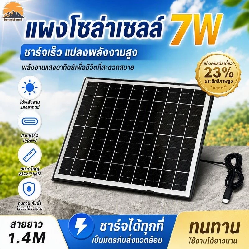 COD แผงโซล่าเซลล์ 7W สายชาร์จType-C สายยาว1.4M แก้วคริสตัลเดี่ยว แผงโซล่าขนาดใหญ่