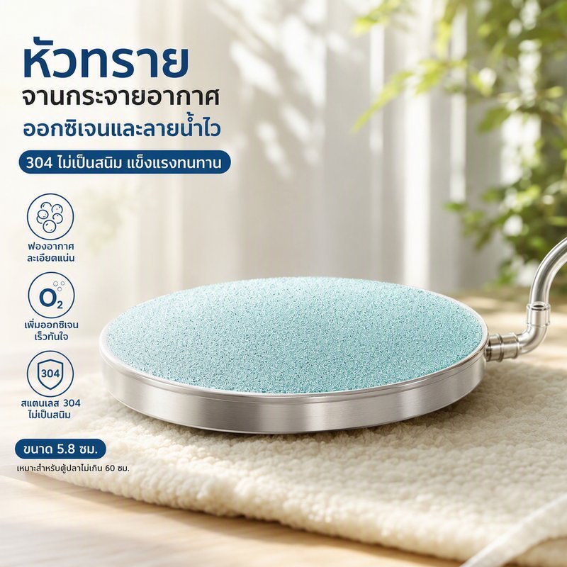 หัวทรายจาน สแตนเลส 304 ฟองละเอียด กระจายลมสม่ำเสมอ เพิ่มออกซิเจน ตู้ปลา บ่อปลา ใช้กับปั๊มลมทั่วไป