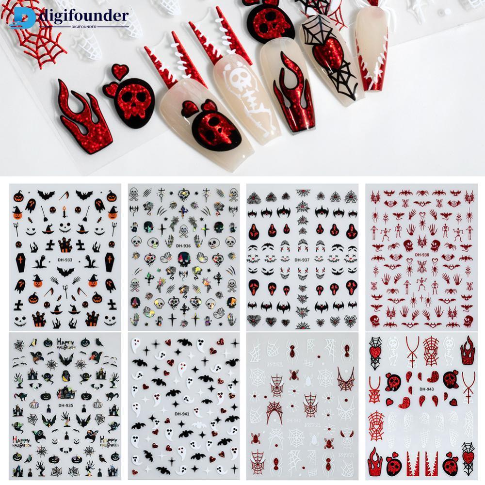 DIGIFOUNDER ฮาโลวีนแม่มดฟักทองค้างคาวเล็บสติกเกอร์ Ghost Castle Tombstone Design Self กาวแบนเล็บ Dec